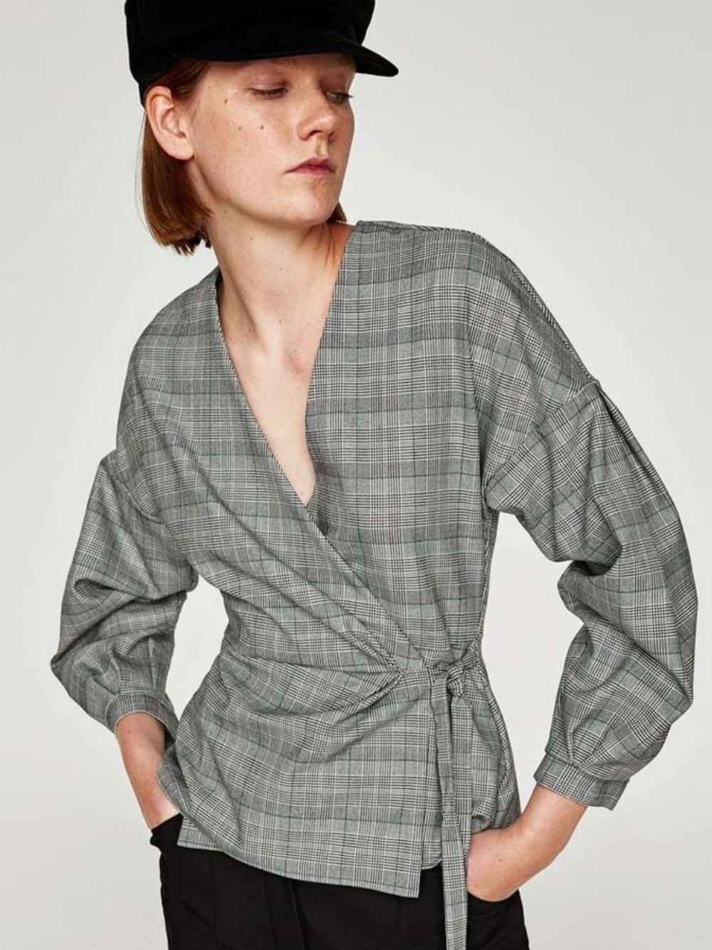 Zara 🔥 Gray checked Plaid Wrap Cross Blouse with Side Tie and puff sleeves